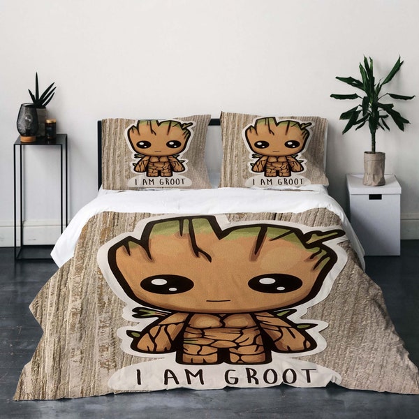 Ensemble de housse de couette trois pièces Galaxy Groot Guardians, cadeau de Noël, taie d'oreiller, décoration d'intérieur, cadeau d'enfant pour une literie douce et confortable.