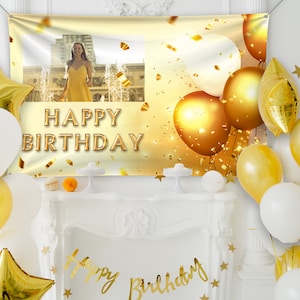 Picture Banner Birthday Custom,Golden Balloon Party Banner,Personalized Birthday Banner,Happy Birthday Backdrop,Party Supplies Banner