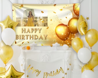 Banner Di Compleanno Personalizzato Con Foto: Sfondo Oro E Nero Con Stelle E Palloncini, 150x90 Cm, Per Interni O Esterni