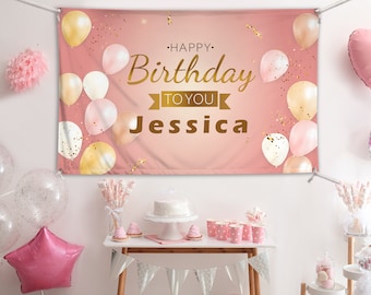 Custom Photo Banner,Personalized Birthday Banner,Birthday Backdrop,Birthday Banner Photo Children Adults Party,Pink Banner