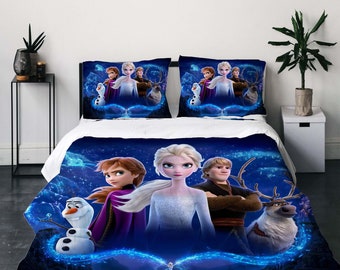 Ensemble de housse de couette trois pièces Disney La Reine des neiges de Noël, taie d'oreiller, décoration d'intérieur, cadeau d'enfant pour une literie douce et confortable.