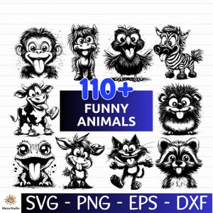 Op de afbeelding: Zwart-wit cartoon illustraties van verschillende grappige dieren, waaronder een aap, paard, vogel, zebra, koe, beer, kikker, ezel, kat en wasbeer. De afbeelding bevat de tekst "110+ FUNNY ANIMALS".