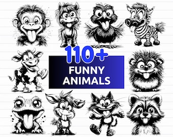 Paquete de más de 130 SVG de animales divertidos, paquete de animales locos y adorables: descarga digital de archivos SVG, PNG, DXF, EPS y SVG para Cricut.