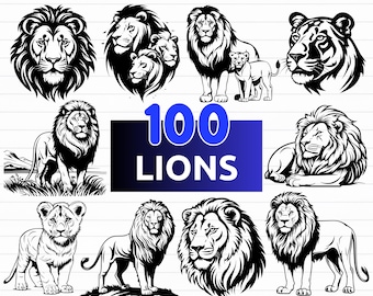 May include: A set of 100 black and white lion illustrations in various poses, including a lion family, a lion with a mane, and a lion cub. The text "100 LIONS" is displayed in blue and white. The text "SVG - PNG - EPS" is displayed in black and white.