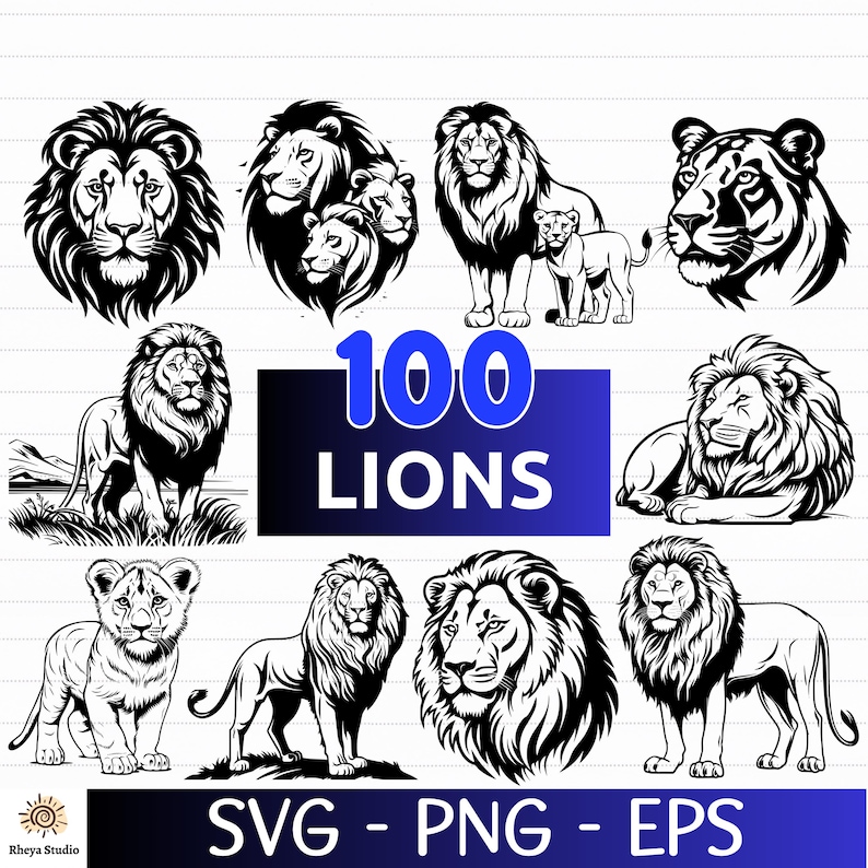 May include: A set of 100 black and white lion illustrations in various poses, including a lion family, a lion with a mane, and a lion cub. The text "100 LIONS" is displayed in blue and white. The text "SVG - PNG - EPS" is displayed in black and white.