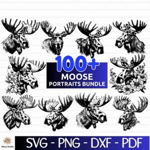 May include: A digital download bundle of 100+ black and white moose head illustrations. The text "100+ Moose Portraits Bundle" is displayed in the centre of the image. The image also includes the text "SVG - PNG - DXF - PDF".