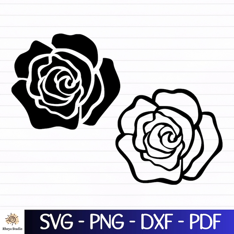 May include: Two black and white outline images of roses. The roses are stylised and have multiple layers of petals.