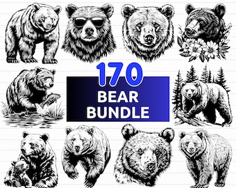 May include: A collection of black and white bear illustrations. The image features various bear designs, including bears wearing sunglasses, bears with flowers, and bears in natural settings. The text "170 BEAR BUNDLE" is displayed in a blue rectangle, with file type options below.