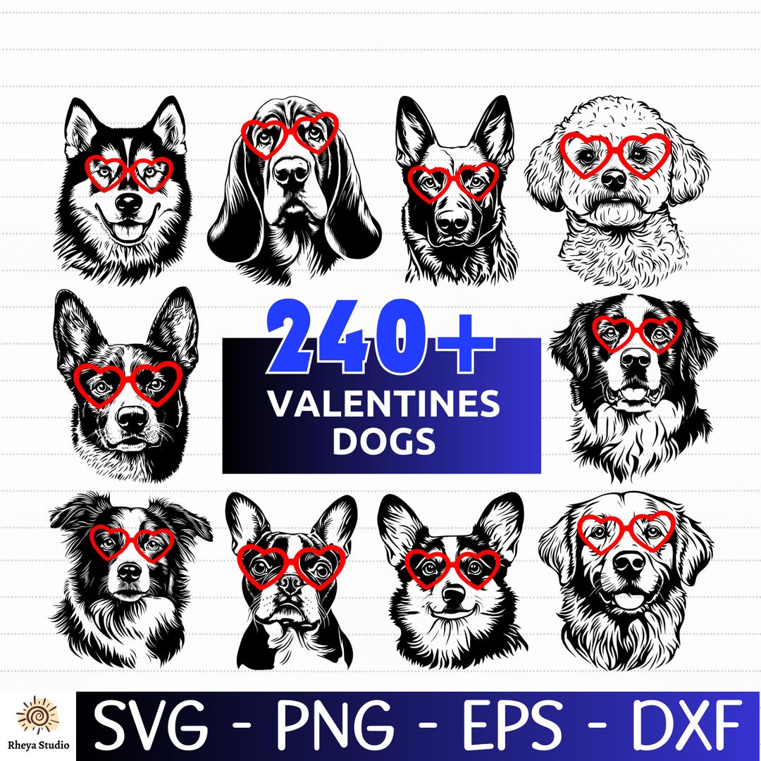240+ Dog Heads With Red Heart Glasses SVG Bundle | 243 Dog Breeds, Cute ...