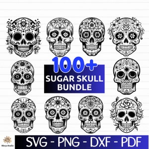 May include: A set of 100+ black and white sugar skull designs. The skulls are decorated with intricate floral patterns. The text "100+ SUGAR SKULL BUNDLE" is displayed in blue letters. The text "SVG - PNG - DXF - PDF" is displayed in black letters.