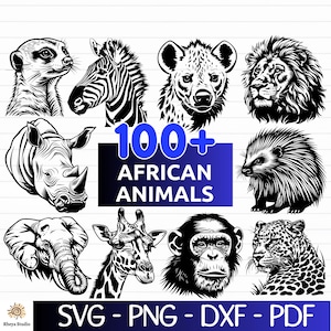 100 Afrikaanse dieren SVG-bundel, safaridieren SVG, wilde dieren SVG, giraffe clipart - digitale download svg, pdf, png, svg-bestanden voor de cricut