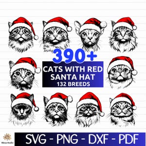 May include: A collection of black and white cat portraits wearing red Santa hats. The image includes the text "390+ CATS WITH RED SANTA HAT 132 BREEDS" and file type options: SVG, PNG, DXF, and PDF.