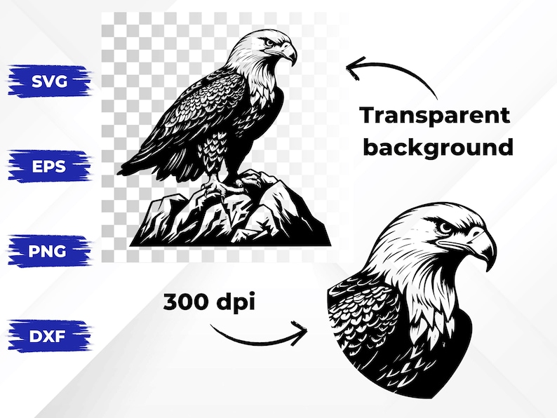 May include: Black and white illustration of a bald eagle perched on a rocky cliff. The eagle has its wings folded and is looking to the right. The image has a transparent background.
