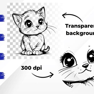 May include: Black and white line art illustration of a cute cartoon kitten with big eyes. The kitten is sitting with its paws tucked under its body and looking up.