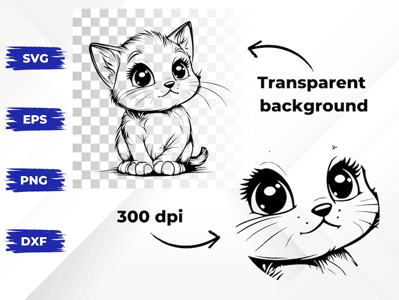 May include: Black and white line art illustration of a cute cartoon kitten with big eyes. The kitten is sitting with its paws tucked under its body and looking up.
