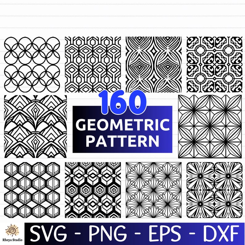 May include: A collection of 160 geometric patterns in black and white. The patterns include circles, hexagons, and other abstract shapes. The image also includes the text "160 Geometric Pattern" and file type options: SVG, PNG, EPS, and DXF.