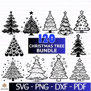 May include: A collection of black and white Christmas tree designs. The image includes various tree styles, some with stars and ornaments. Text reads "120 Christmas Tree Bundle" and "SVG - PNG - DXF - PDF".