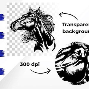 May include: Black and white vector illustration of a horse's head with a transparent background. The image is 300 dpi and available in SVG, EPS, PNG, and DXF formats.