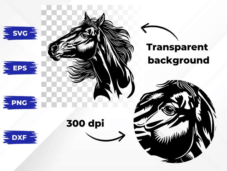 May include: Black and white vector illustration of a horse's head with a transparent background. The image is 300 dpi and available in SVG, EPS, PNG, and DXF formats.