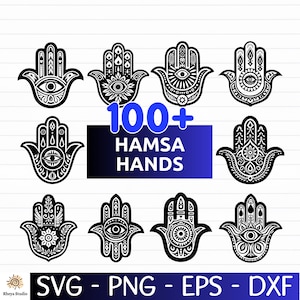 May include: A collection of black and white Hamsa hand designs. The image features various detailed illustrations of the Hamsa hand, some with an eye symbol. Text on the image reads "100+ HAMSA HANDS" and "SVG - PNG - EPS - DXF".