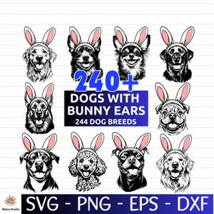 May include: A digital graphic featuring illustrations of various dog breeds wearing bunny ears. The image includes the text "240+ DOGS WITH BUNNY EARS" and "244 DOG BREEDS". File formats include SVG, PNG, EPS, and DXF.