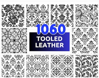 May include: A set of 10 digital patterns featuring black and white damask designs. The patterns are labeled "1060 Tooled Leather" and are available in SVG, PNG, and EPS formats.