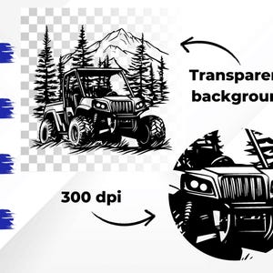 May include: Black and white illustration of an off-road vehicle driving through a forest. The vehicle is a side-by-side ATV with a roll cage and a driver's seat. The forest is dense with trees and mountains in the background. The image is set against a transparent background.