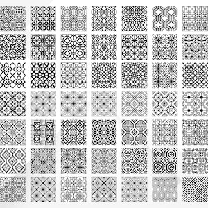May include: A grid of 49 black and white geometric patterns. Each square features a unique design, including floral, diamond, and abstract shapes. The patterns are intricate and detailed, suitable for various design applications.