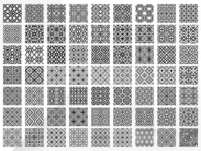 May include: A grid of 49 black and white geometric patterns. Each square features a unique design, including floral, diamond, and abstract shapes. The patterns are intricate and detailed, suitable for various design applications.