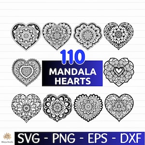 Könnte beinhalten: Elf schwarz-weiße Mandala-Herz-Designs mit detaillierten floralen und geometrischen Mustern. Das Bild enthält den Text "110 MANDALA HEARTS" in einem blauen Farbverlaufskasten und Dateitypoptionen.