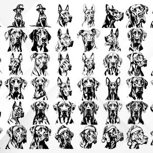 Puede incluir: Una colecci&oacute;n de 48 ilustraciones en blanco y negro de perros Gran Dan&eacute;s en varias poses. Los perros se representan con diferentes expresiones, incluyendo felices, tristes y serios. Algunos de los perros llevan sombreros u otros accesorios.