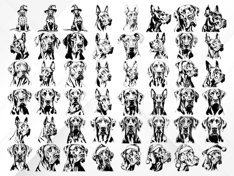 Puede incluir: Una colecci&oacute;n de 48 ilustraciones en blanco y negro de perros Gran Dan&eacute;s en varias poses. Los perros se representan con diferentes expresiones, incluyendo felices, tristes y serios. Algunos de los perros llevan sombreros u otros accesorios.