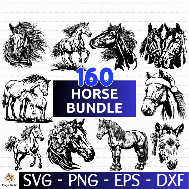 May include: A black and white digital download bundle of 160 horse SVG, PNG, EPS, and DXF files. The bundle includes various horse designs, including a horse with a flower crown, a horse with a Santa hat, and a horse with a foal.