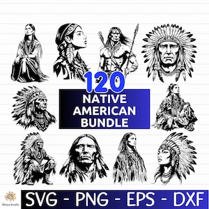 Può includere: Una collezione di 120 illustrazioni di nativi americani in bianco e nero. Le immagini includono ritratti di nativi americani, alcuni con copricapi, e il testo "120 Native American Bundle". Formati: SVG, PNG, EPS e DXF.