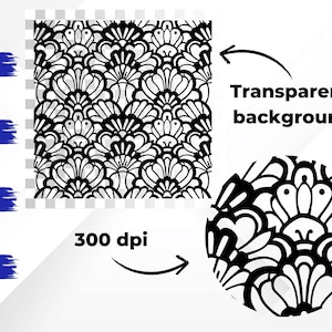 May include: Black and white floral pattern design with a transparent background. The image includes the text "SVG", "EPS", "PNG", and "DXF" with blue brush strokes. The image is 300 dpi.