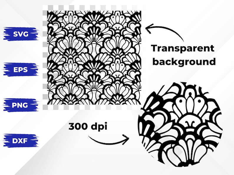 May include: Black and white floral pattern design with a transparent background. The image includes the text "SVG", "EPS", "PNG", and "DXF" with blue brush strokes. The image is 300 dpi.
