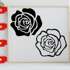 May include: Two black and white rose illustrations. The roses are stylised and have a simple design.