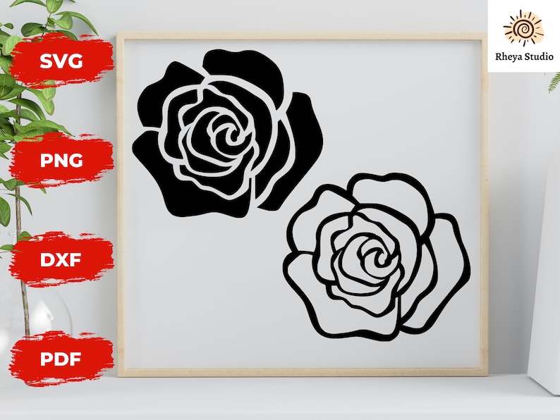 May include: Two black and white rose illustrations. The roses are stylised and have a simple design.