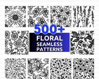 May include: A collection of black and white floral seamless patterns. The image displays various flower designs, including sunflowers, daisies, and other stylized blooms. Text reads "500+ Floral Seamless Patterns" and "SVG - PNG - EPS - DXF".