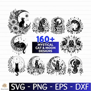 Puede incluir: Una colección de 160+ diseños místicos de gatos y lunas en blanco y negro. El conjunto gráfico presenta varias ilustraciones de gatos con lunas crecientes, estrellas, flores y elementos celestiales, disponibles en formatos SVG, PNG, EPS y DXF.