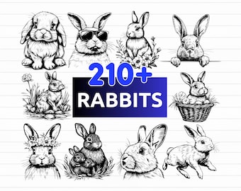 May include: A collection of black and white rabbit illustrations in various poses, including one wearing sunglasses and another in a basket. The image includes the text "210+ RABBITS" and file type options: SVG, PNG, EPS, and DXF.