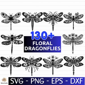 May include: A collection of black and white floral dragonfly designs. The image includes the text "130+ Floral Dragonflies" in blue and white, along with file type indicators: SVG, PNG, EPS, and DXF.