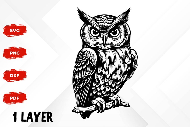 May include: Black and white line art illustration of an owl with its wings folded. The owl is perched on a branch with its talons gripping the branch. The owl has a serious expression on its face.