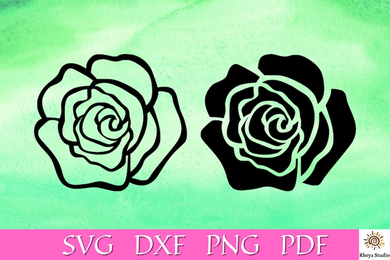May include: Two black and white outline rose illustrations. The roses are facing the same direction and have a similar shape. The roses are on a green watercolour background.