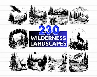 May include: A collection of 230 wilderness landscapes in black and white, featuring various outdoor scenes such as mountains, forests, wildlife, and cabins. The image includes the text "230 Wilderness Landscapes" and file type options: SVG, PNG, EPS, and DXF.