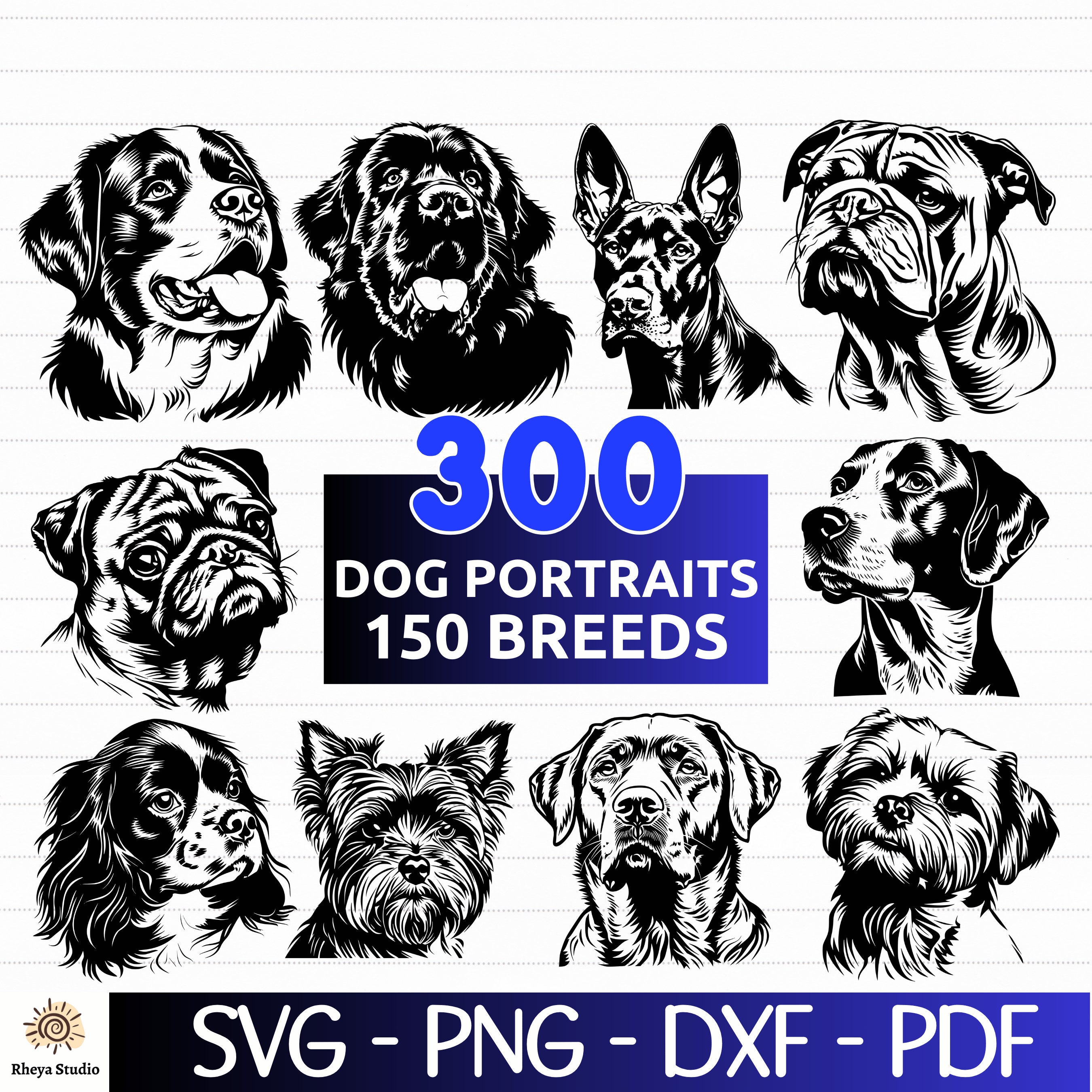 犬ページ 犬の頭部300点SVGバンドル - 150犬種 - dxf、png、pdfファイルを含む
