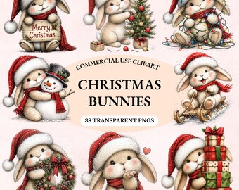 May include: A collection of digital illustrations featuring light brown bunnies wearing red Santa hats and scarves. The images show bunnies with a Merry Christmas sign, a decorated tree, string lights, a snowman, a sled, a wreath, and gifts.