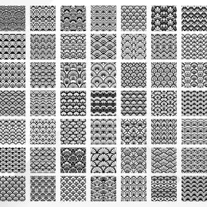 May include: A collection of 64 black and white geometric patterns. Each pattern is displayed in a square format, showcasing a variety of designs including fan shapes, waves, and floral motifs. The patterns are suitable for digital design or print.