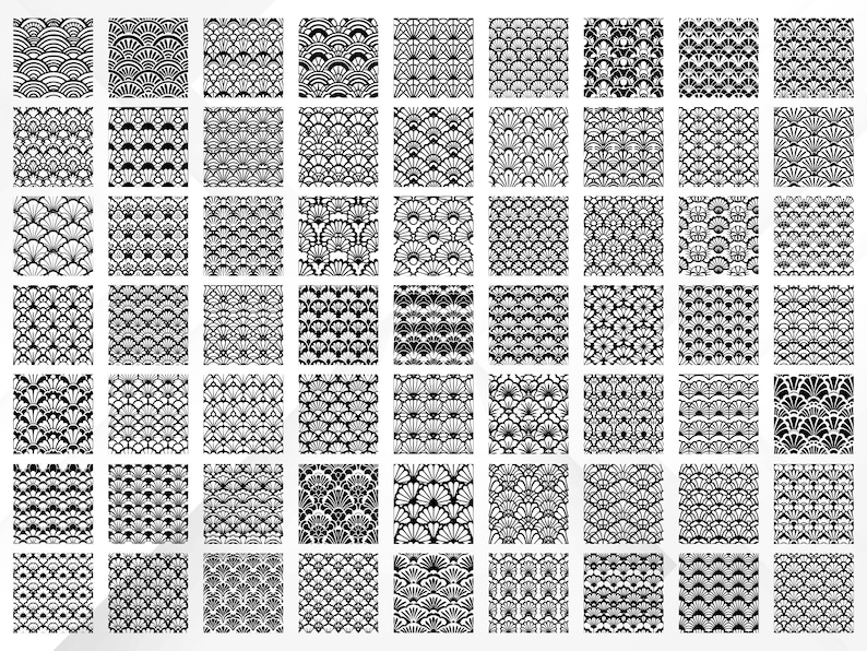 May include: A collection of 64 black and white geometric patterns. Each pattern is displayed in a square format, showcasing a variety of designs including fan shapes, waves, and floral motifs. The patterns are suitable for digital design or print.
