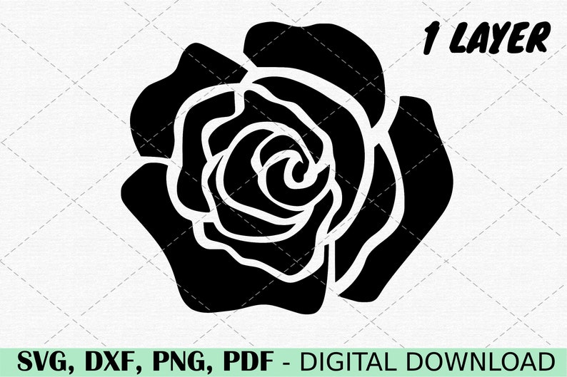 May include: Black and white silhouette of a single rose with multiple layers of petals. The image is labelled "1 Layer".